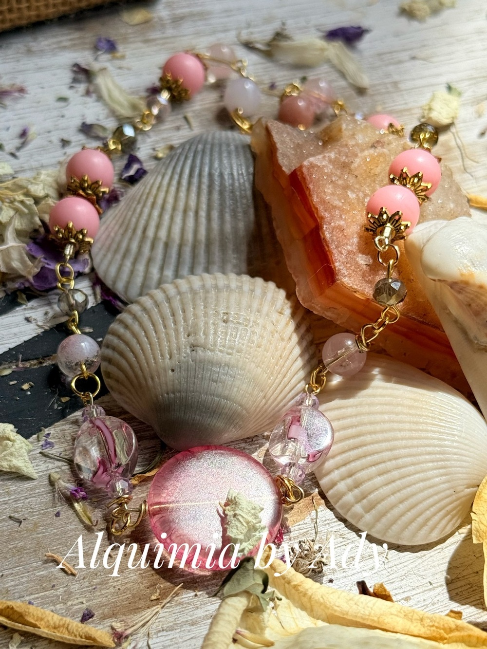 PINK AGATE Gold-Accented Pink  QUARTZ Bead Necklace with Glass Pendant